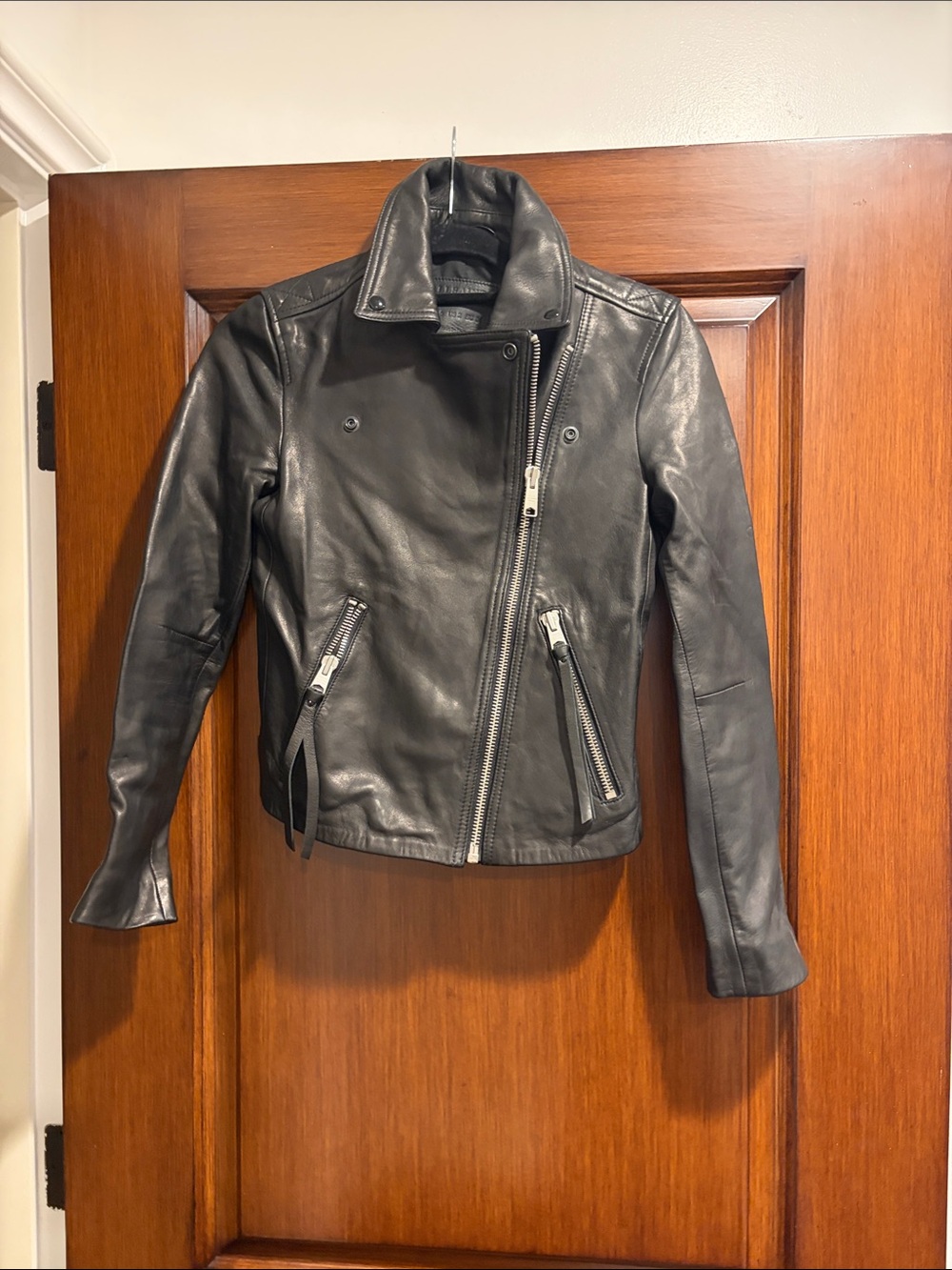 AllSaints Black Leather Asymmetric Biker Jacket
